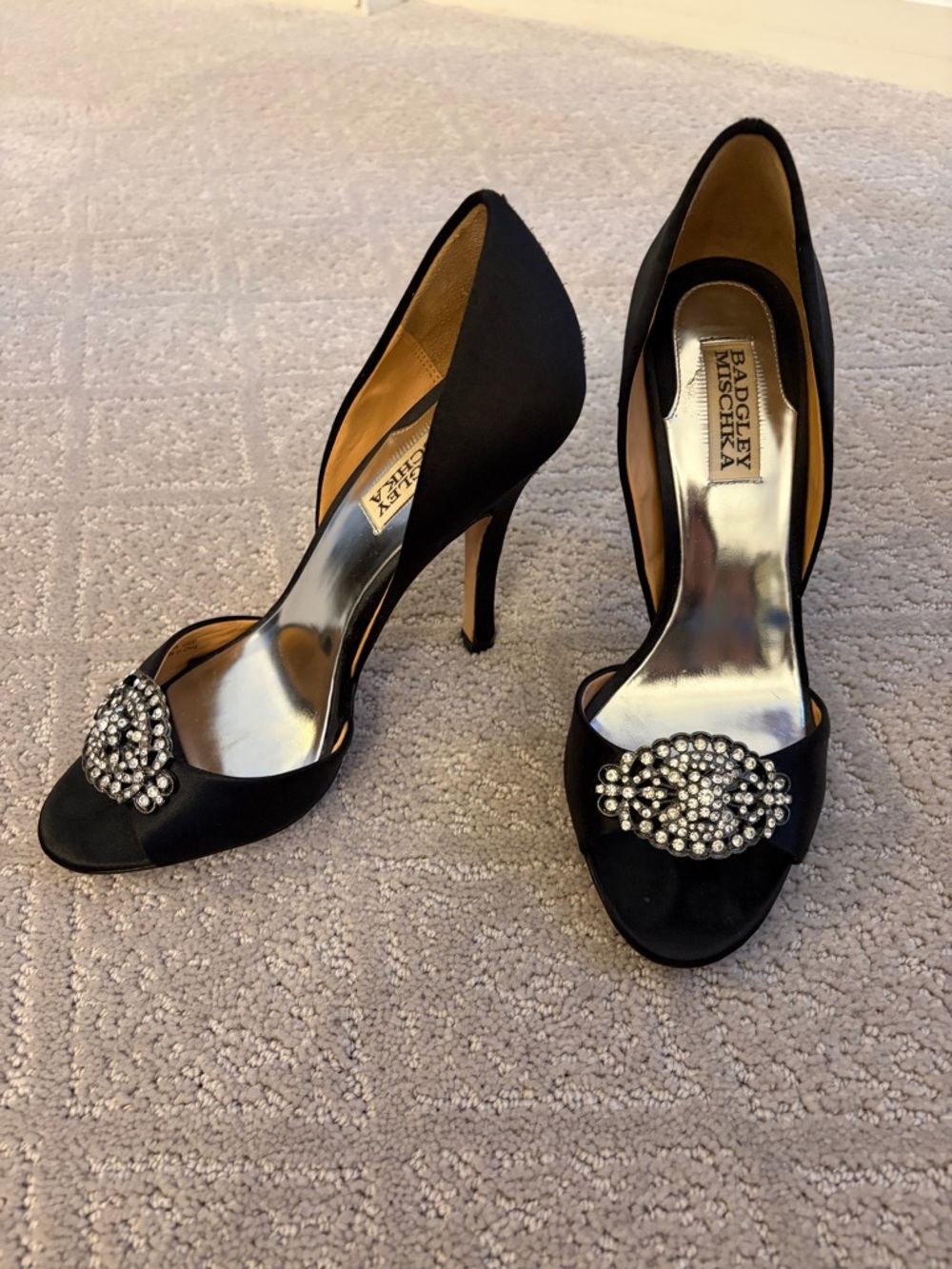 Badgley Mischka Black Satin Peep-Toe Heels with Crystal Brooch